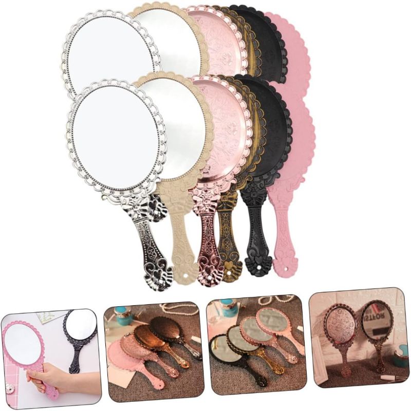 Photo 2 of 12 Pcs Vintage Handheld Mirror Embossed Flower Mirror Portable Cute Hand Mirror Decorative Hand Held Mirror with Handle Compact Vintage Travel Mirror Vanity Makeup Mirror for Girl Face Makeup, 6 Color Colorful
