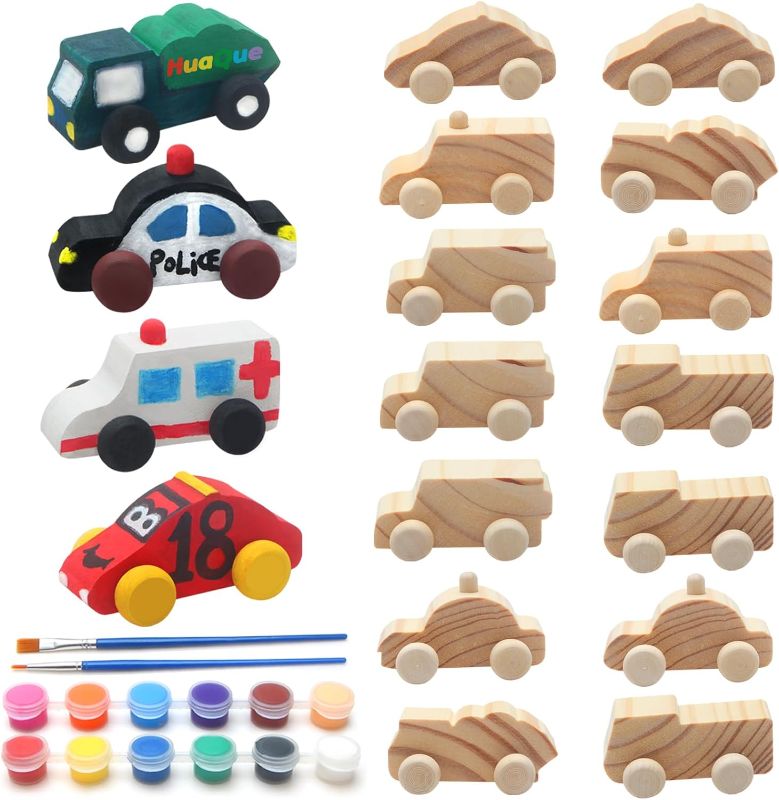 Photo 1 of HuaQue Wooden Cars, Come with 16pcs Unfinished Wooden Toy Cars for Kids Wooden Cars to Paint - PAINT NOT INCLUDED
