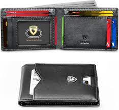Photo 1 of GSOIAX Mens Slim Wallet for Men Minimalist Genuine Leather Carbon Fiber Rfid Blocking Bifold Credit Card Holder With Gift Box (Black)