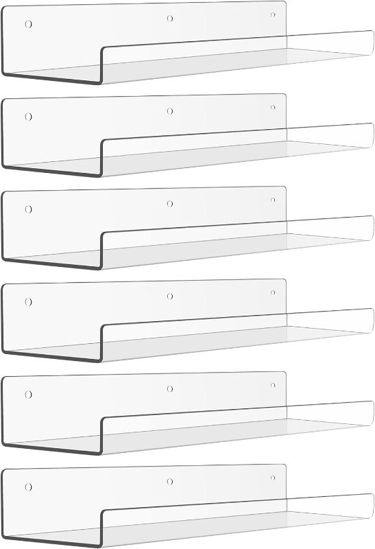 Photo 1 of upsimples Clear Acrylic Shelves for Wall Storage, 15" Floating Shelves Wall Mounted, Kids Bookshelf, Display Ledge for Bedroom, Living Room, Bathroom, Kitchen, Set of 6
