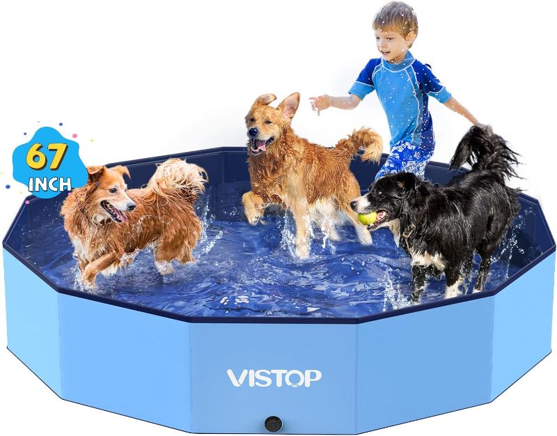 Photo 1 of VISTOP Extra Large Foldable Dog Pool XXL, Hard Plastic Shell Portable Swimming Pool for Dogs Cats and Kids Pet Puppy Bathing Tub Collapsible Kiddie Pool (67inch.D x 11.8inch.H, Blue)
