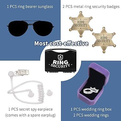 Photo 3 of Huwane Ring Security Wedding Ring Bearer Gifts Box Set Include 2PCS Ring Security Badges, 1PCS Acoustic Earpiece Tube, 1PCS Ring Bearer Sunglass, 1PCS Wedding Ring Box - MISSING RINGS