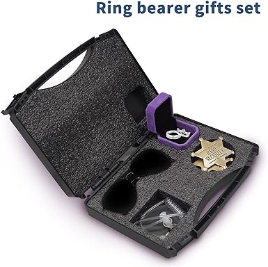 Photo 2 of Huwane Ring Security Wedding Ring Bearer Gifts Box Set Include 2PCS Ring Security Badges, 1PCS Acoustic Earpiece Tube, 1PCS Ring Bearer Sunglass, 1PCS Wedding Ring Box - MISSING RINGS