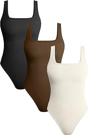 Photo 1 of OQQ Women's 3 Piece Bodysuits Sexy Ribbed Sleeveless Square Neck Sleeveless Tank Tops Bodysuits - Black/Coffee/Beige - Size Medium