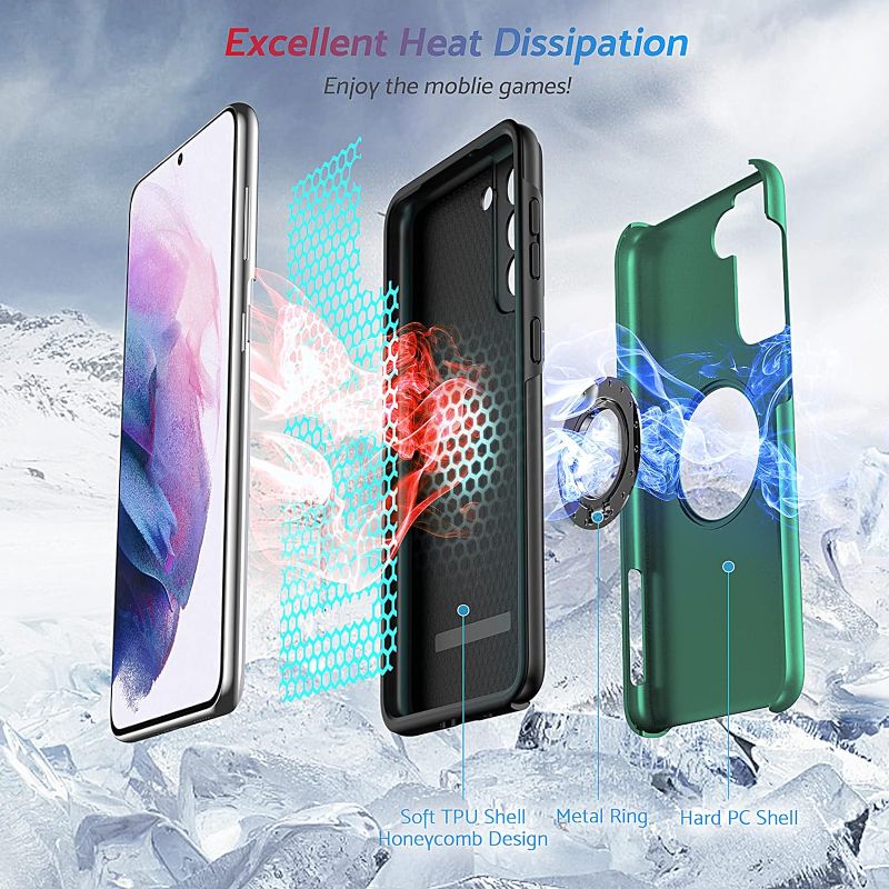 Photo 2 of Anqrp Hidden Series Galaxy S21 Case 5G, [Heat Dissipation] [No Fall-Off Kickstand] 360° Metal Ring, Military Grade Shockproof Protective Phone Case Designed for Samsung Galaxy S21, Glass Green
