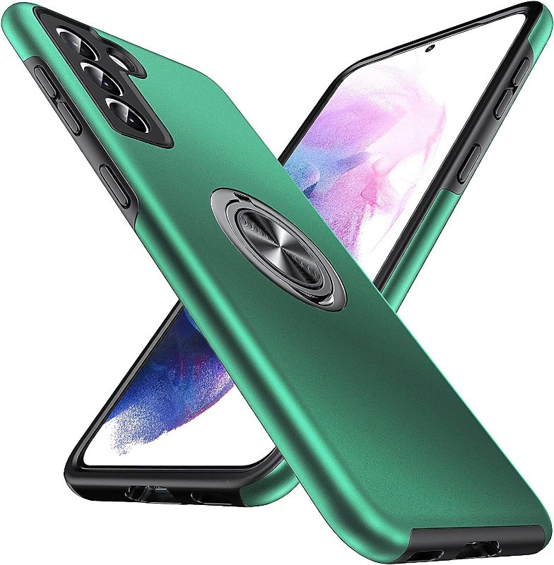 Photo 1 of Anqrp Hidden Series Galaxy S21 Case 5G, [Heat Dissipation] [No Fall-Off Kickstand] 360° Metal Ring, Military Grade Shockproof Protective Phone Case Designed for Samsung Galaxy S21, Glass Green
