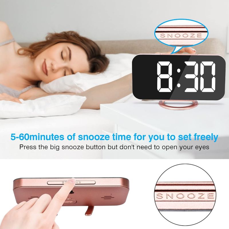 Photo 3 of Ygdigital Digital Alarm Clock,6.5 Inch LED Mirror Electronic Clocks,with 2 USB Charging Ports,3 Adjustable Brightness, Snooze,12/24H,Night Mode,for Bedroom Home Office (Rose Gold)