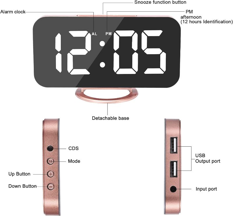 Photo 2 of Ygdigital Digital Alarm Clock,6.5 Inch LED Mirror Electronic Clocks,with 2 USB Charging Ports,3 Adjustable Brightness, Snooze,12/24H,Night Mode,for Bedroom Home Office (Rose Gold)