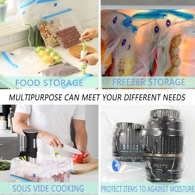 Photo 3 of Sous Vide Bags 20pack Reusable Vacuum Food Storage Bags with 3 Sizes Vacuum Food Bags,1 Hand Pump,4 Sealing Clips for Food Storage and Sous Vide Cooking (Blue Kit)
