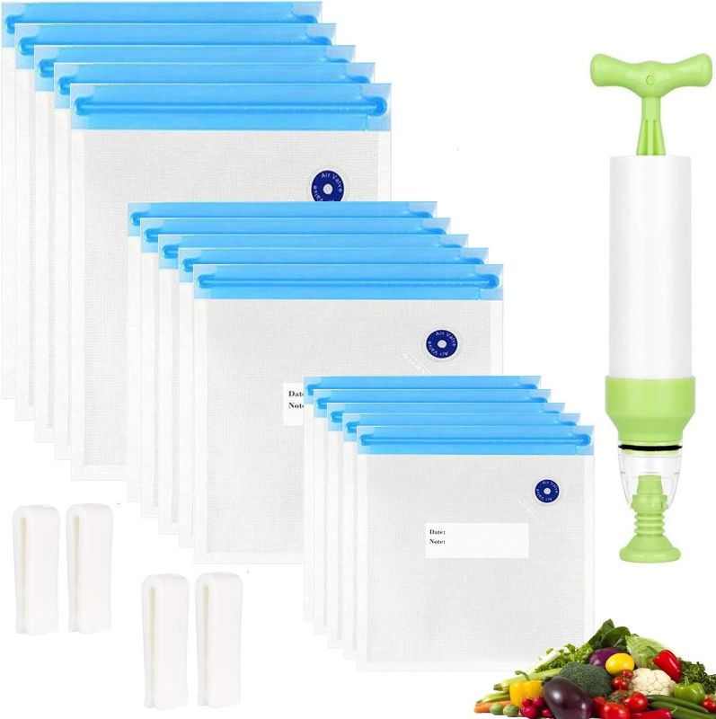 Photo 1 of Sous Vide Bags 20pack Reusable Vacuum Food Storage Bags with 3 Sizes Vacuum Food Bags,1 Hand Pump,4 Sealing Clips for Food Storage and Sous Vide Cooking (Blue Kit)
