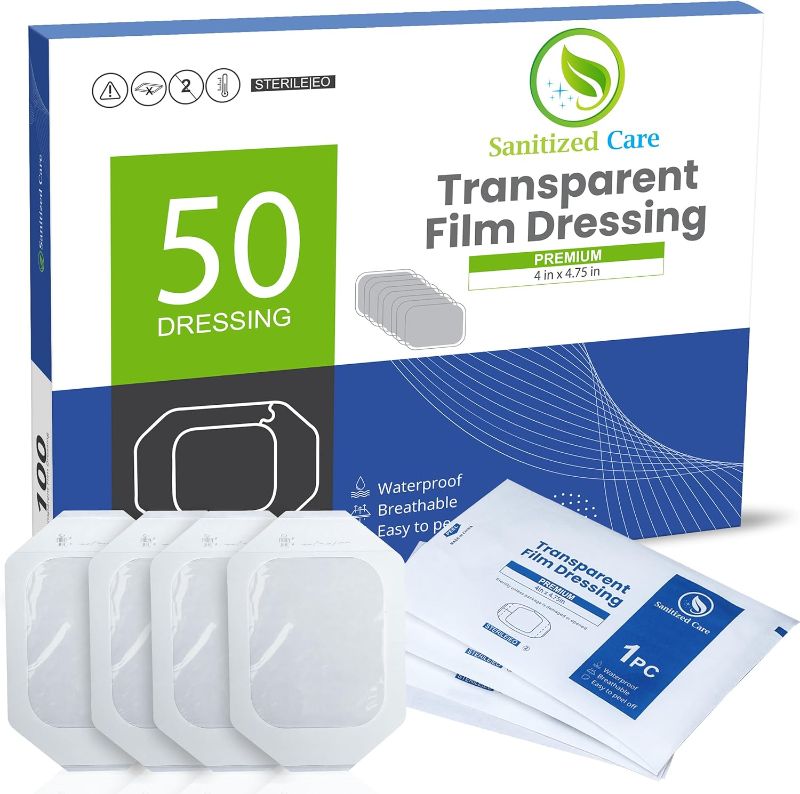 Photo 1 of Premium Transparent Film Dressing, 4" x 4.75" Pack of 50 Waterproof Wound Bandage for Post Surgical Shower or IV Shield, Clear Tattoo Aftercare Bandage & Adhesive Patches