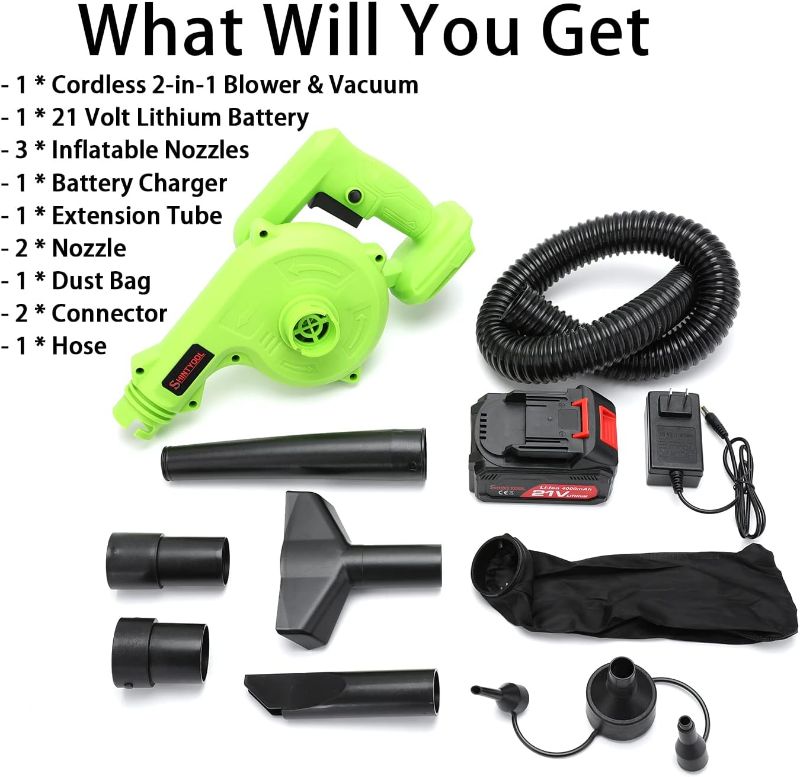 Photo 2 of Cordless Leaf Blower, 2-in-1 Portable 21V Lithium Battery 110V Multifunctional Blower for Blowing Leaf, Clearing Dust & Small Trash,Car, Computer Host, Hard to Clean Corner by SHINTYOOL