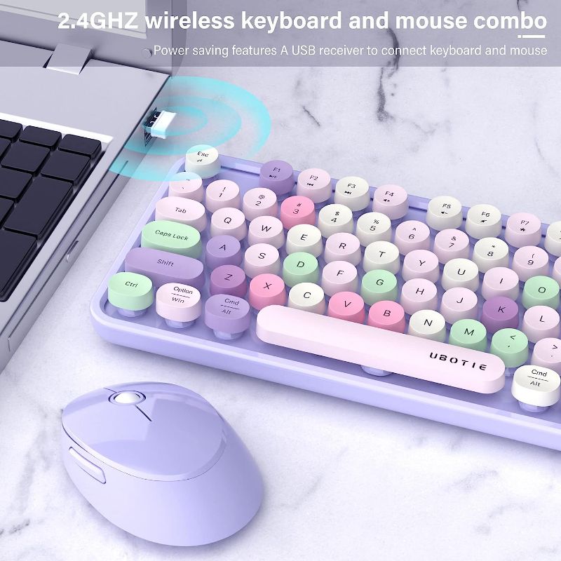 Photo 2 of UBOTIE Colorful Computer Wireless Keyboard Mouse Combos, Typewriter Flexible Keys Office Full-Sized Keyboard, 2.4GHz Dropout-Free Connection and Optical Mouse (Purple-Colorful)
