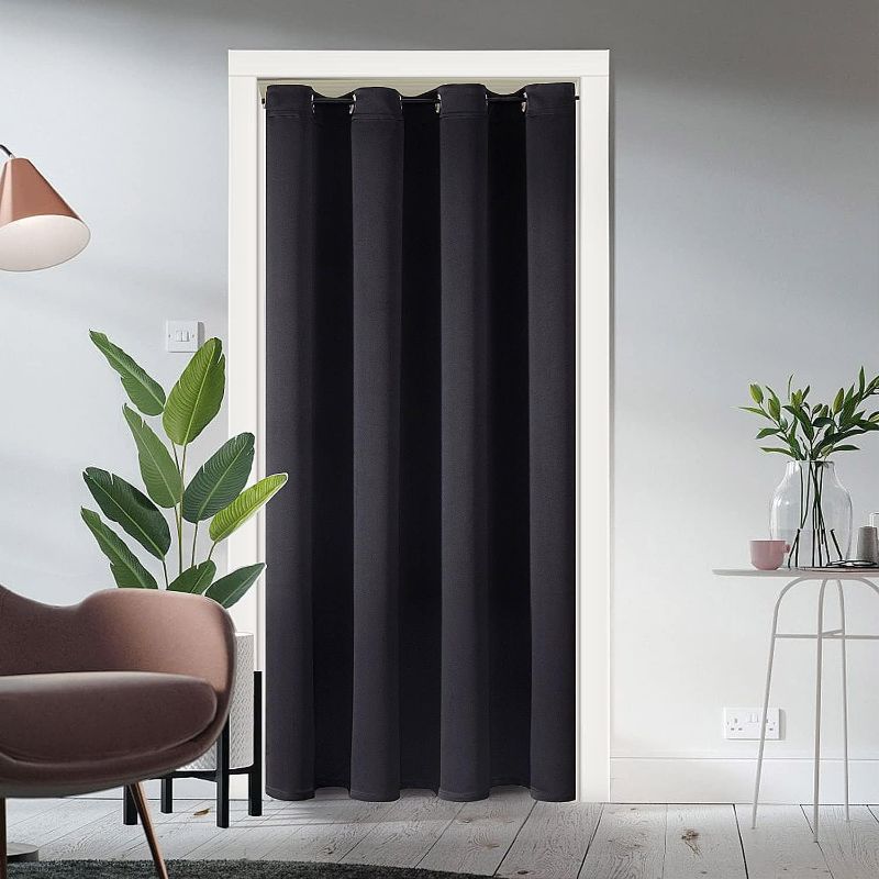 Photo 1 of ChrisDowa Blackout Door Curtains for Doorway Privacy, Grommet Closet Curtains for Bedroom Closet Door, Thermal Insulated Temporary Door Cover Room Divider Curtain (1 Panel, Black, 52 x 80 Inch)
