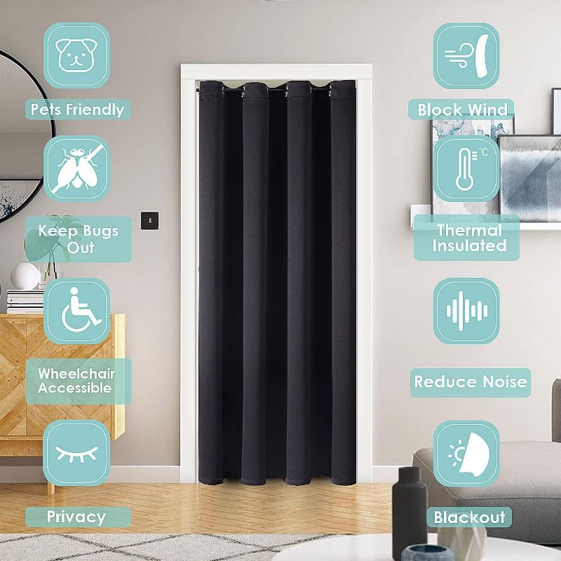 Photo 2 of ChrisDowa Blackout Door Curtains for Doorway Privacy, Grommet Closet Curtains for Bedroom Closet Door, Thermal Insulated Temporary Door Cover Room Divider Curtain (1 Panel, Black, 52 x 80 Inch)
