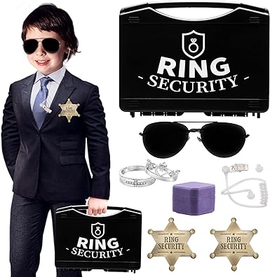 Photo 1 of Huwane Ring Security Wedding Ring Bearer Gifts Box Set Include 2PCS Ring Security Badges, 1PCS Acoustic Earpiece Tube, 1PCS Ring Bearer Sunglass, 1PCS Wedding Ring Box with 2 Rings
