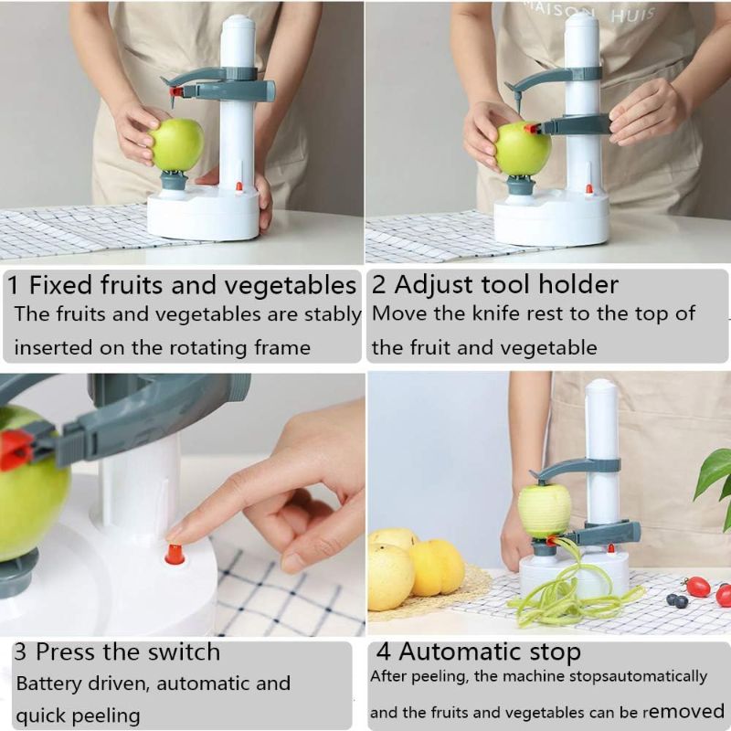 Photo 3 of Electric Rotato Peeler? Multifunctional Electric Automatic Peeler Stainless Steel Fruit and Vegetable Peeler Machine for Apple and PotatoStainless Steel Kitchen Peeling Tool (White) With two blades