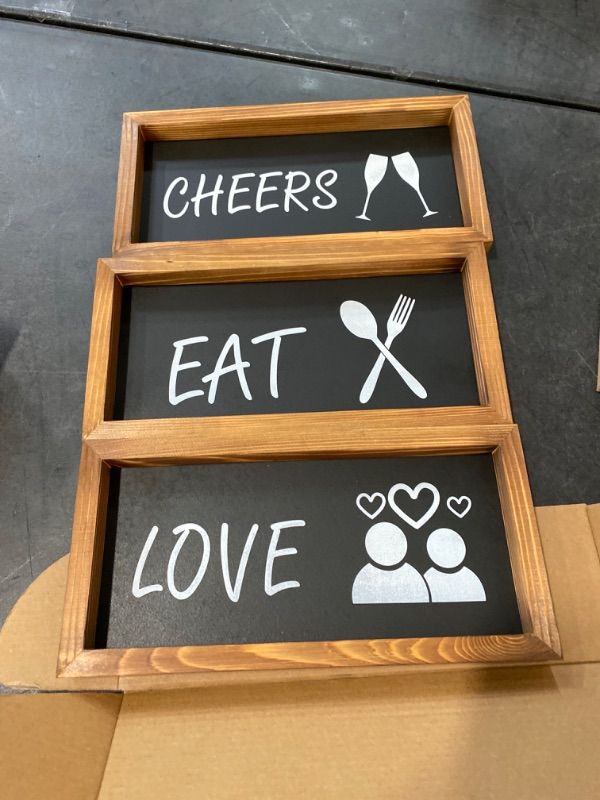 Photo 2 of Wood Kitchen Eat Cheers Love Sign Set of 3, Aimou Kitchen Wall Decor Rustic Primitive Country Farmhouse Hanging Art Home Decoration Fork Spoon and Knife Cup Love Sign Decor (Black, 6" x 13.8")
