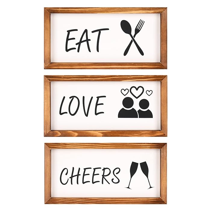 Photo 1 of Wood Kitchen Eat Cheers Love Sign Set of 3, Aimou Kitchen Wall Decor Rustic Primitive Country Farmhouse Hanging Art Home Decoration Fork Spoon and Knife Cup Love Sign Decor (Black, 6" x 13.8")