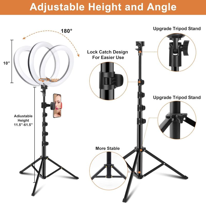 Photo 3 of PEHESHE 10" Selfie Ring Light with 63" Tripod Stand Ring LED Light with Phone Holder Ring Dimmable Circle Light for Live Stream/YouTube/Video/Makeup/Photography
