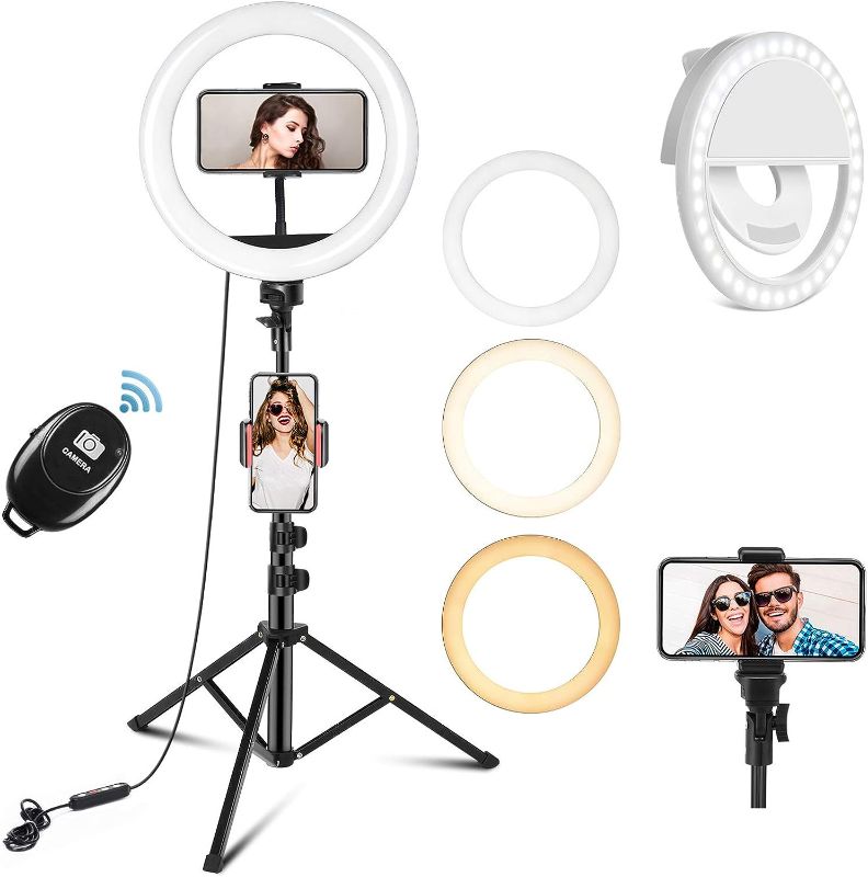 Photo 1 of PEHESHE 10" Selfie Ring Light with 63" Tripod Stand Ring LED Light with Phone Holder Ring Dimmable Circle Light for Live Stream/YouTube/Video/Makeup/Photography
