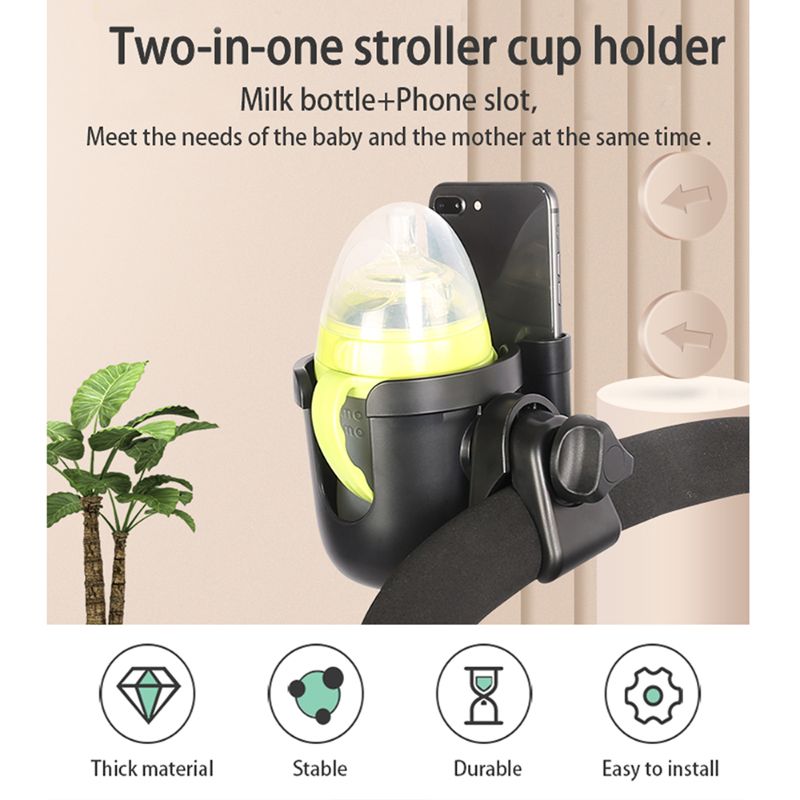 Photo 2 of Stroller Cup Holder 2 in 1 Phone & Bottle Holder with Anti-slip Pad Universal Cup Holder Rack for Buggy with Adjustable Clamp