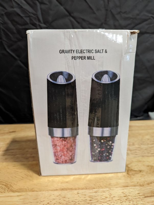 Photo 2 of Gravity Electric Pepper and Salt Grinder Set, Adjustable Coarseness, Battery Powered with LED Light, One Hand Automatic Operation, Stainless Steel Black, 2 Pack