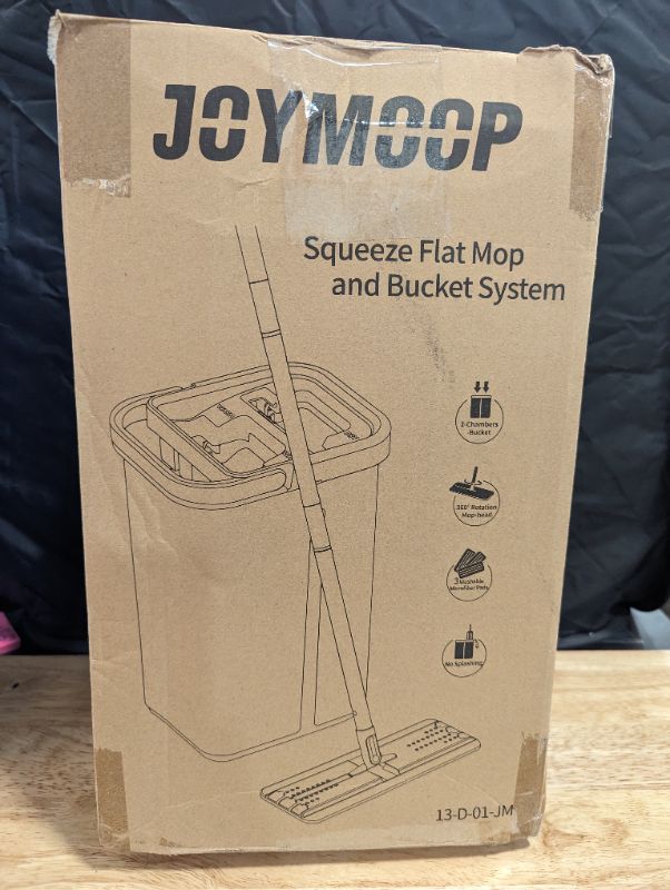 Photo 2 of JOYMOOP Mop and Bucket with Wringer Set, Hands Free Flat Floor Mop and Bucket, with 3 Washable Microfiber Mops, Wet and Dry Use, Floor Cleaning System Single Dry Scraper 50‘’ Mop with 3 Pads