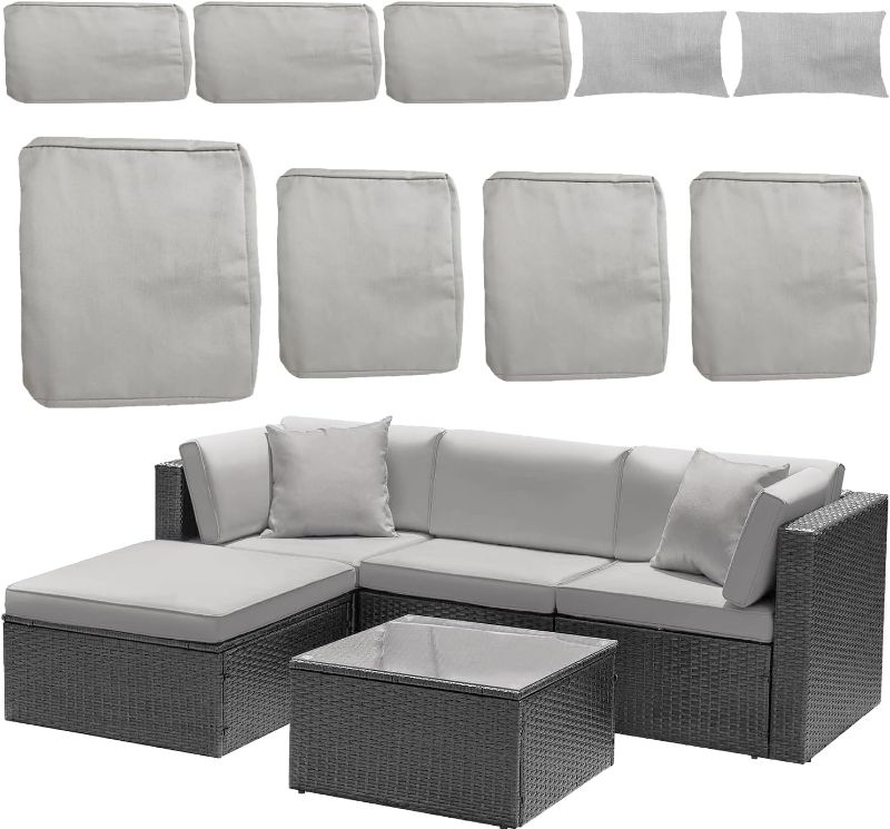 Photo 1 of TECOSARA Patio Cushion Covers for 5 Pieces Patio Furniture Sets, 9pcs Cushion Covers for Outdoor Sectional Rattan Sofa Set, Patio Furniture Cushion Covers Replacement, Grey
