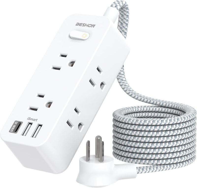 Photo 1 of BESHON Power Strip Surge Protector, 5Ft Extension Cord, 6 Outlets with 3 USB Ports(1 USB C Outlet), 3-Side Outlet Extender, Wall Mount, Compact for Travel, Home, School, College Dorm Room, and Office