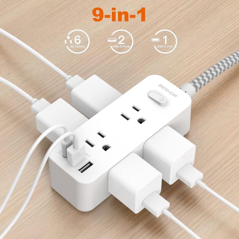 Photo 2 of BESHON Power Strip Surge Protector, 5Ft Extension Cord, 6 Outlets with 3 USB Ports(1 USB C Outlet), 3-Side Outlet Extender, Wall Mount, Compact for Travel, Home, School, College Dorm Room, and Office