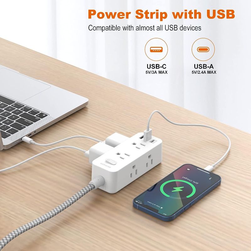 Photo 3 of BESHON Power Strip Surge Protector, 5Ft Extension Cord, 6 Outlets with 3 USB Ports(1 USB C Outlet), 3-Side Outlet Extender, Wall Mount, Compact for Travel, Home, School, College Dorm Room, and Office