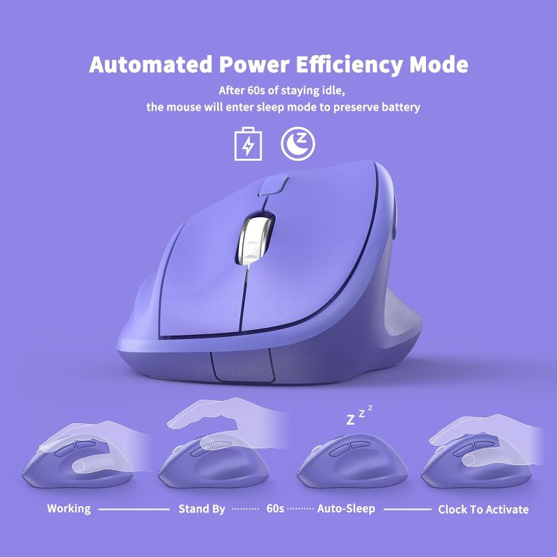 Photo 2 of Ergonomic Wireless Mouse with USB Receiver for PC Computer, Laptop and Desktop, Ergo Mouse Vertical with Silent Clicks Long Battery Life, Up to 1600 DPI & 1 AA Battery Powered, Purple
