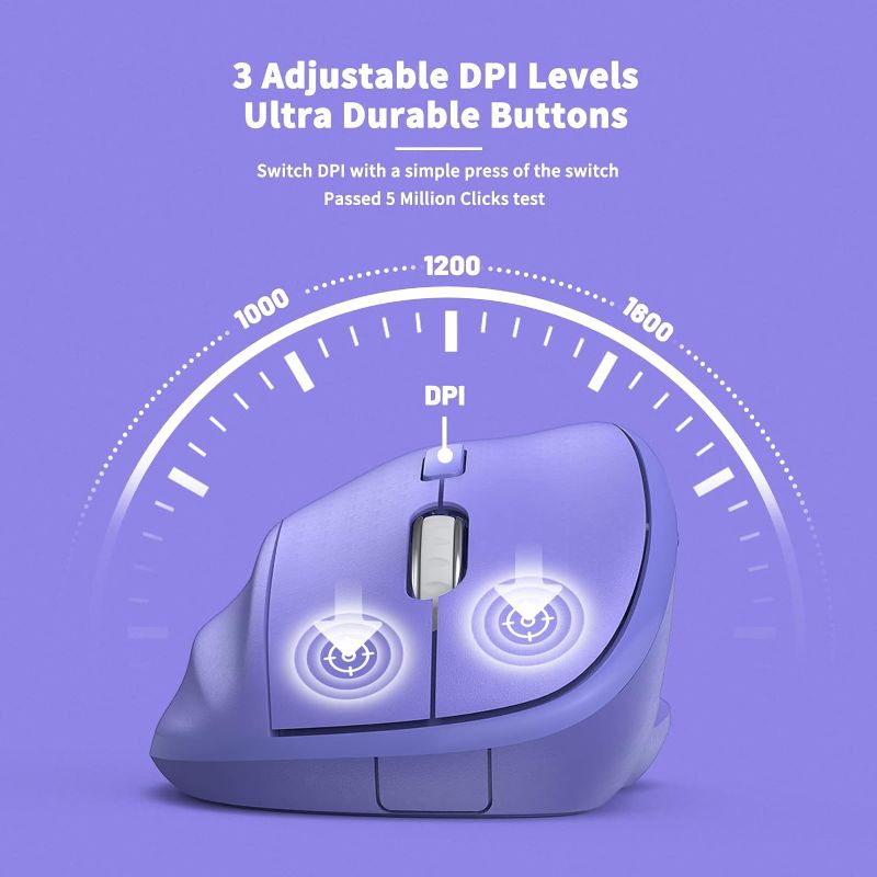 Photo 4 of Ergonomic Wireless Mouse with USB Receiver for PC Computer, Laptop and Desktop, Ergo Mouse Vertical with Silent Clicks Long Battery Life, Up to 1600 DPI & 1 AA Battery Powered, Purple
