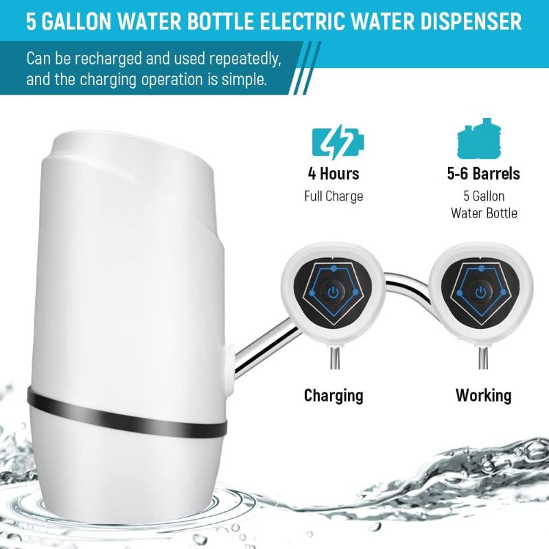 Photo 3 of Water Dispenser for 5 Gallon Bottle,Drinking Water Pump Portable Universal USB Charging Water Bottle Pump for 2-5 Gallon with 2 Silicone (White)
