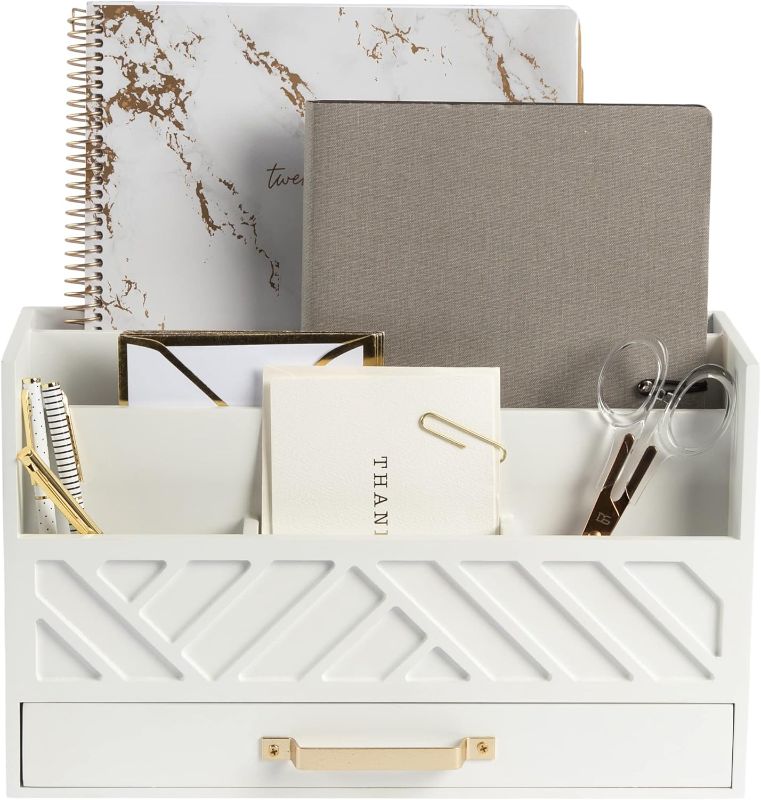 Photo 1 of BLU MONACO White Wooden Desk Organizer with Drawer and Gold Handle - Desk Organizers and Accessories for Office Organization and Storage - Home, Office and Classroom Desk Supplies and Organizers
