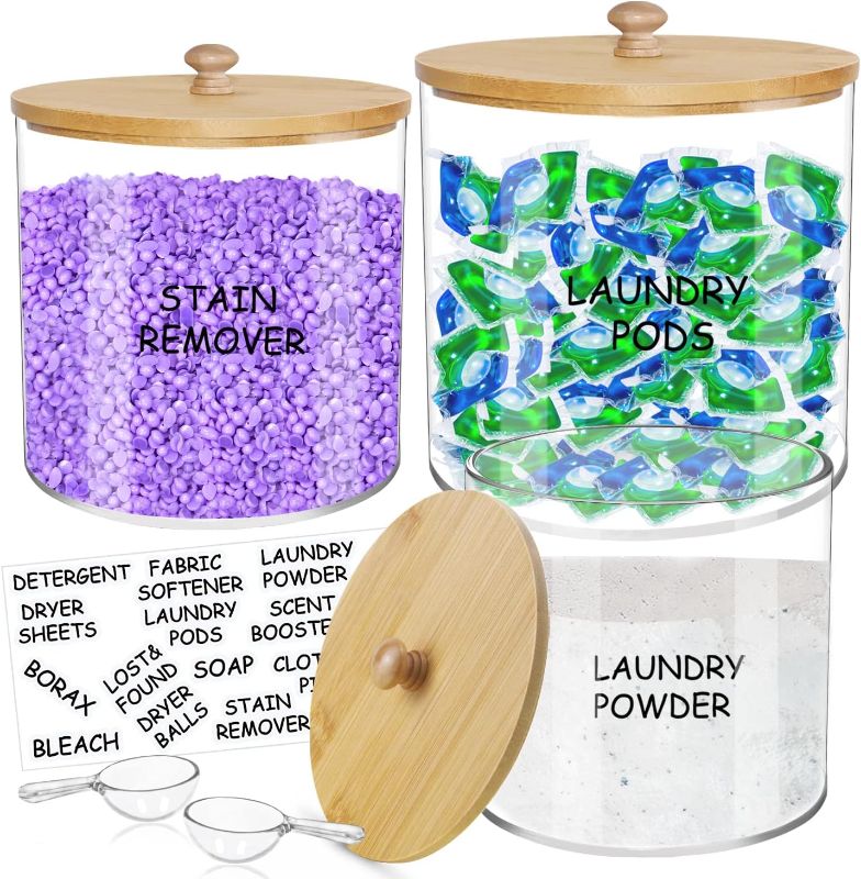 Photo 1 of Large Capacity Laundry Room Organization Jars, 3 Pcs Acrylic Laundry Detergent Container with 2 Scoops & Labels, Clear Laundry Jars for Powder, Dryer balls, Pods,Scent Boosters, Laundry Room Storage
