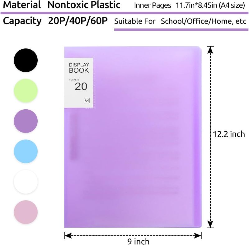 Photo 2 of Phyxin 40 Pockets Plastic Presentation Book Portfolio Folder File Folder Clear Sleeves Protectors Display Book Document Organizer for Music Sheets Artwork Drawing for School Office Business - Purple
