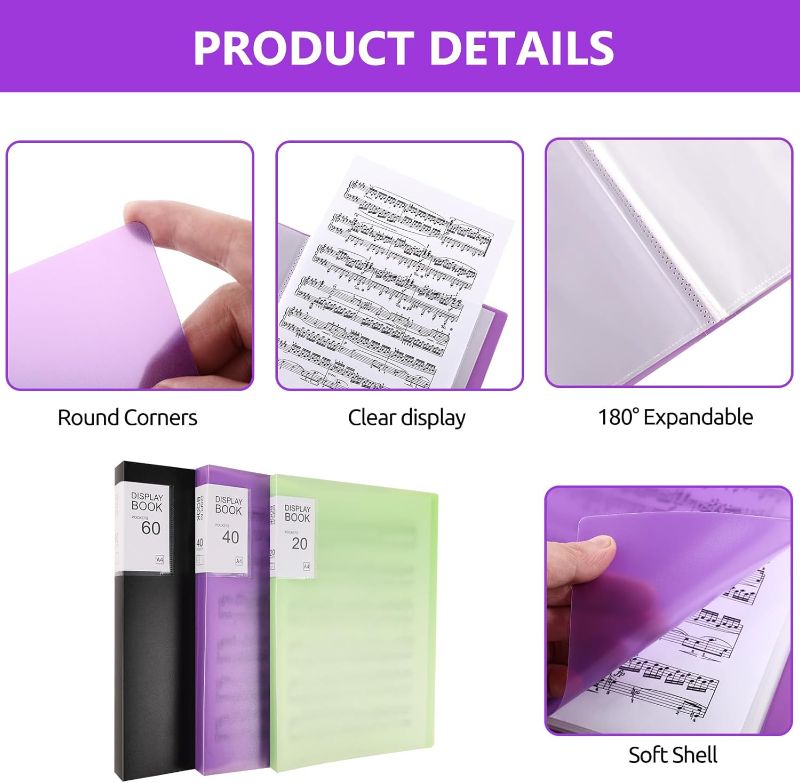 Photo 4 of Phyxin 40 Pockets Plastic Presentation Book Portfolio Folder File Folder Clear Sleeves Protectors Display Book Document Organizer for Music Sheets Artwork Drawing for School Office Business - Purple
