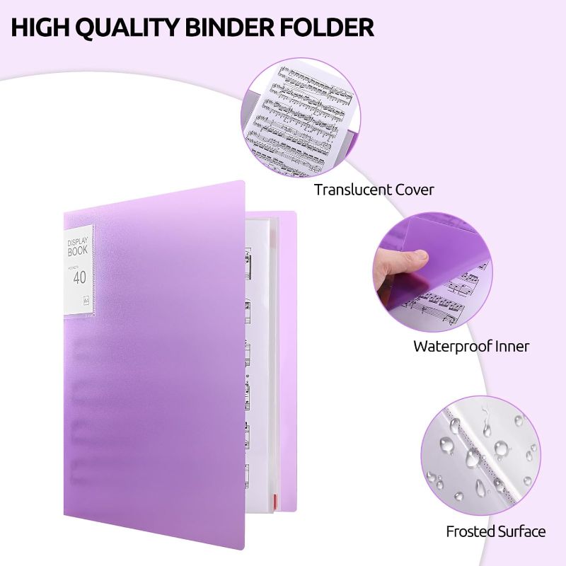 Photo 3 of Phyxin 40 Pockets Plastic Presentation Book Portfolio Folder File Folder Clear Sleeves Protectors Display Book Document Organizer for Music Sheets Artwork Drawing for School Office Business - Purple
