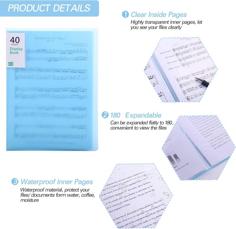 Photo 3 of Phyxin Plastic Presentation Book Portfolio Folder 40 Pockets File Folder Clear Sleeves Protectors Display Book Document Organizer for Music Sheets Artwork Drawing for School Office Business - Blue
