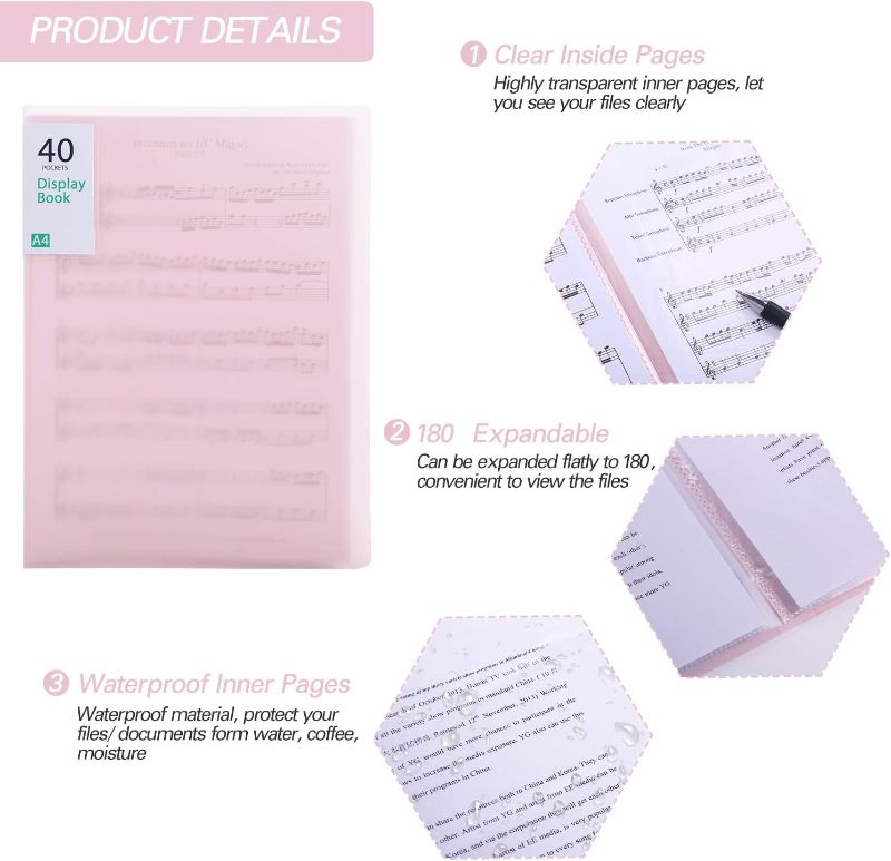 Photo 3 of Phyxin 40 Pockets Plastic Presentation Book Portfolio Folder File Folder Clear Sleeves Protectors Display Book Document Organizer for Music Sheets Artwork Drawing for School Office Business - Pink
