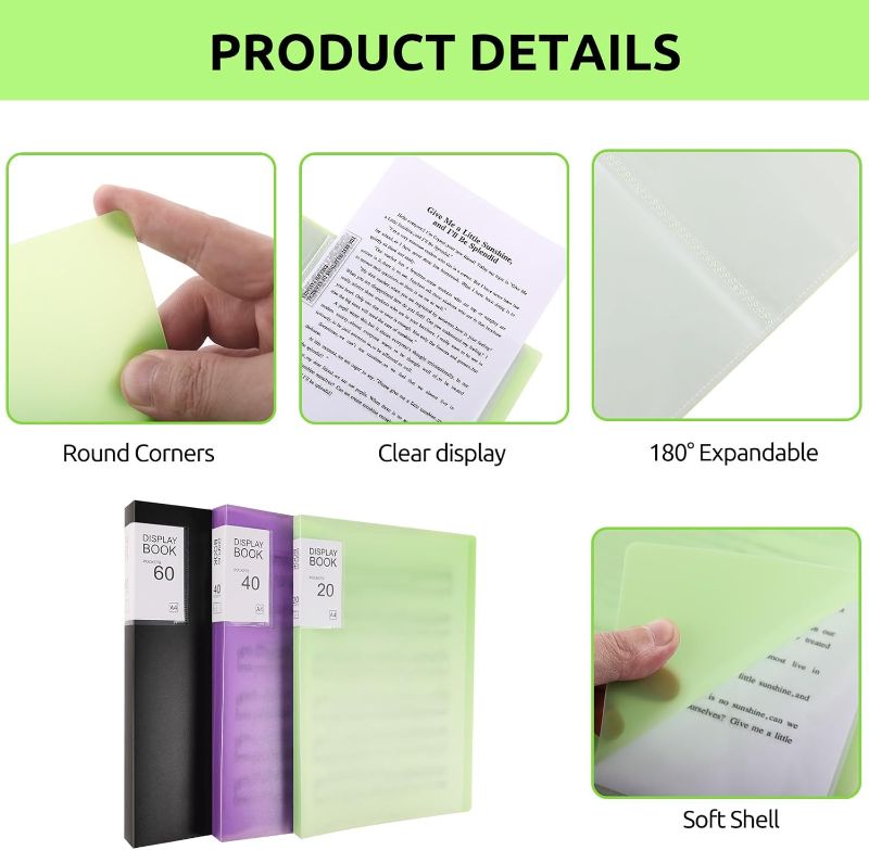 Photo 3 of Phyxin 40 Pockets File Folder Plastic Presentation Book Portfolio Folder Clear Sleeves Protectors Display Book Document Organizer for Music Sheets Artwork Drawing for School Office Business - Green
