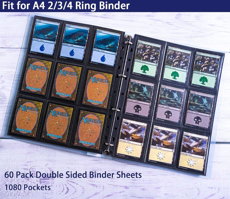 Photo 2 of Pockets Black Trading Card Sleeves Binder Sheets, Double Sided Thicken Game Card Sleeves for 3 Ring Binder, 9 Pocket Side Loading Page Protector for MTG, Yugioh, Game, Baseball Cards - UNKNOWN AMOUNT OF SHEETS