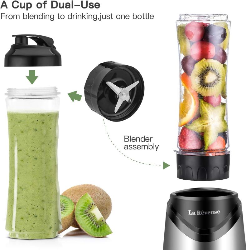 Photo 3 of La Reveuse Smoothies Blender Personal Size 300 Watts with 18 oz BPA-Free Portable Travel Sports Bottle, Silver
