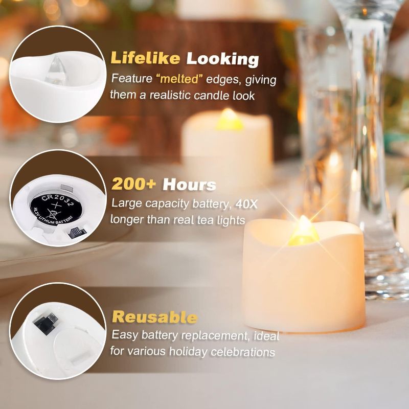 Photo 4 of Homemory 48-Pack Novelty Flickering Flameless Tea Lights Candles, 200Hours Battery Operated, Fake Electric LED Votive Candles, Small Wedding Candles for Table Centerpieces,Proposal,Anniversary