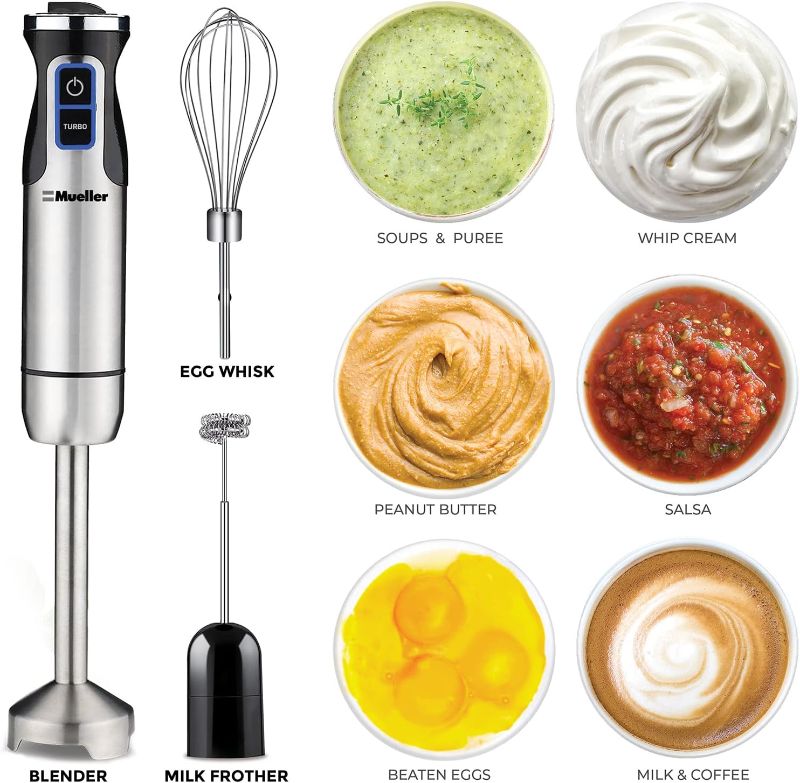 Photo 3 of MuellerLiving Hand Blender, Immersion Blender, Hand Mixer with Attachments: Stainless Steel Blade, Whisk, Milk Frother