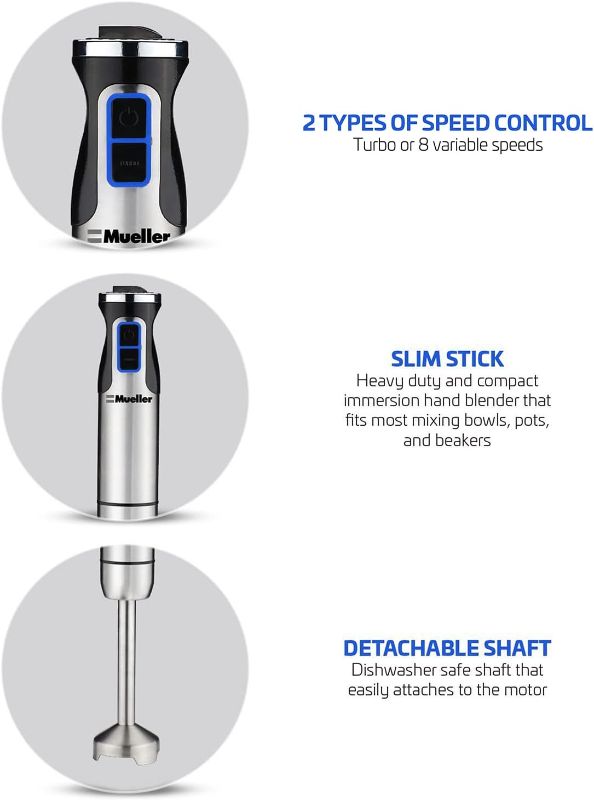 Photo 2 of MuellerLiving Hand Blender, Immersion Blender, Hand Mixer with Attachments: Stainless Steel Blade, Whisk, Milk Frother