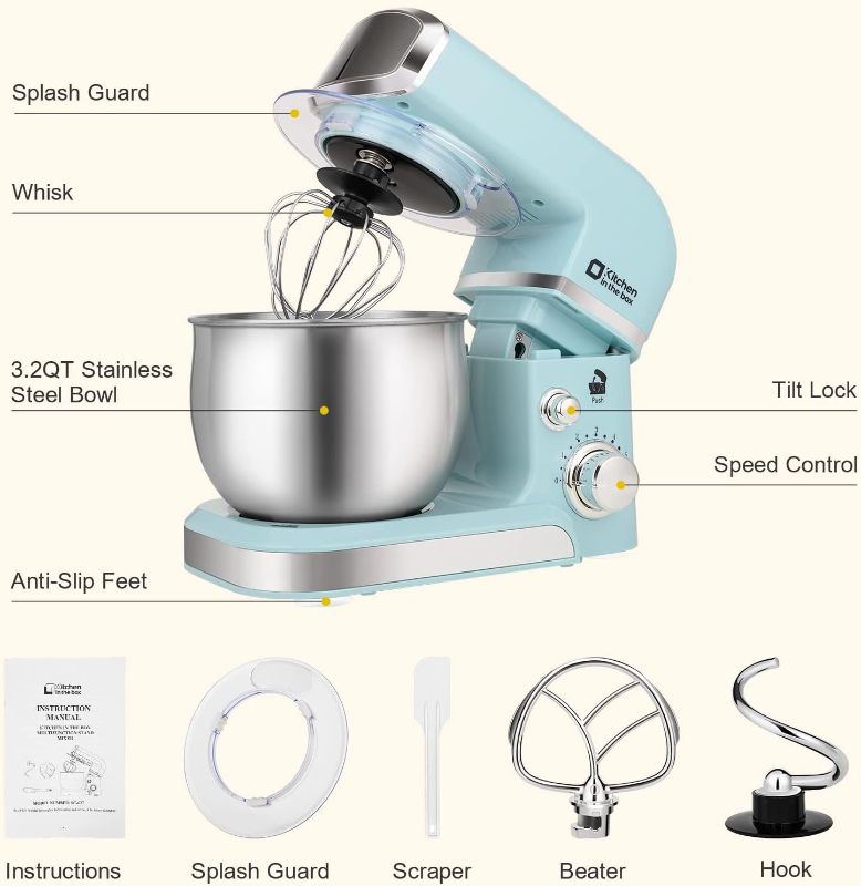 Photo 2 of Kitchen in the box Stand Mixer,3.2Qt Small Electric Food Mixer,6 Speeds Portable Lightweight Kitchen Mixer for Daily Use with Egg Whisk,Dough Hook,Flat Beater (Blue)