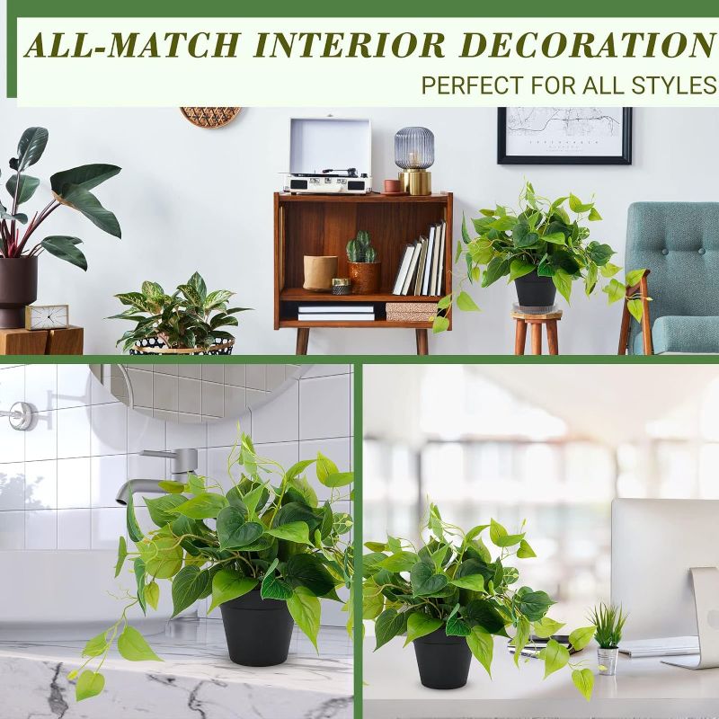 Photo 3 of JPSOR Faux Plants Indoor, Artificial Plants for Home Decor Small Fake Plant Fake Potted Plants Faux Pothos with Black Plastic Pot for Outdoor Living Room Bedroom Office Garden